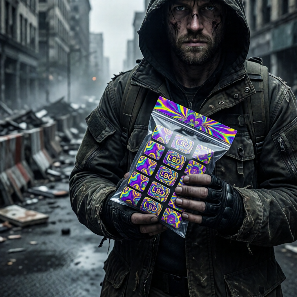 Набор почтовых марок с изображением молекулы или символики, связанной с LSD-25, на светлом фоне